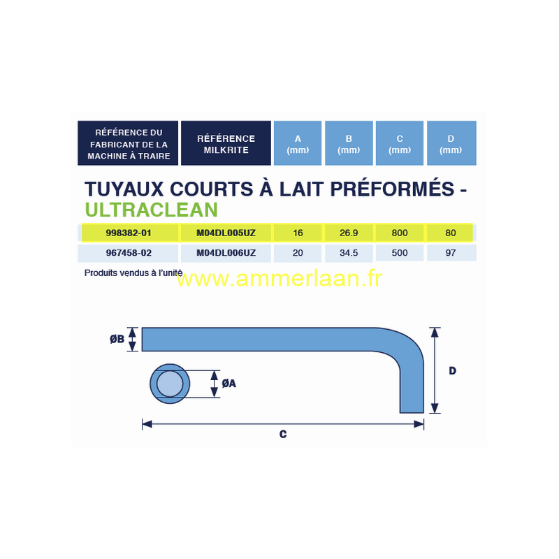 Tuyau Lait Coudé 15,5x27.5mm - 800x80mm Ultraclean MilkRite (1x)