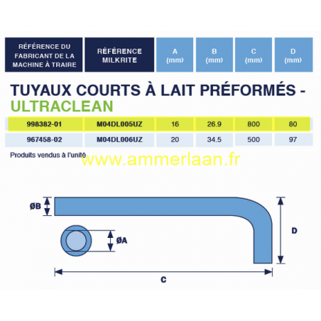 Tuyau Lait Coudé 20x34.5mm - 500x97mm Ultraclean MilkRite (1x)